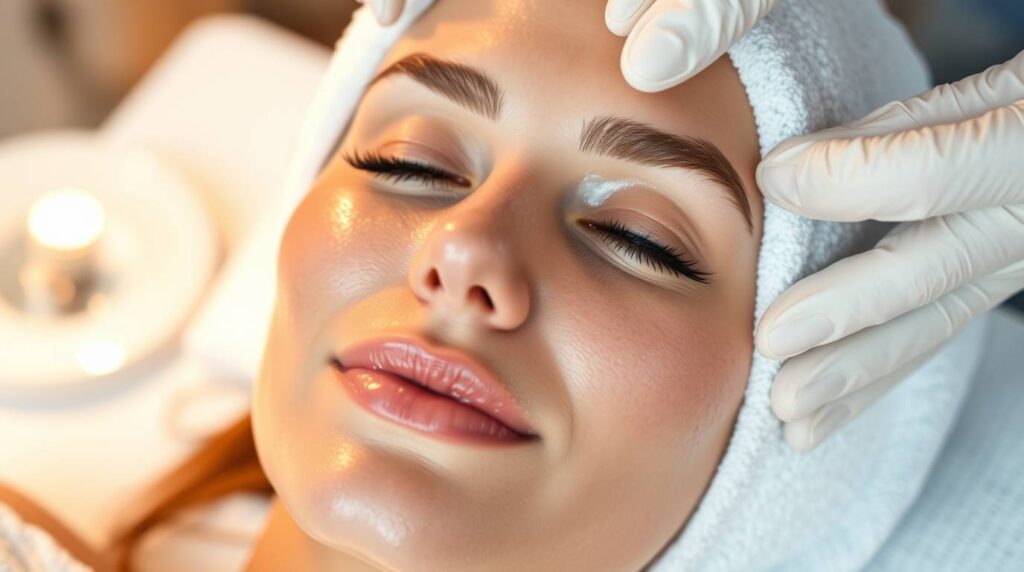 A glowing-skinned woman receiving a professional facial at a modern esthetic clinic in Mississauga, Canada, showcasing serene beauty and high-quality skincare services.