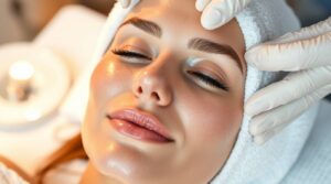 A glowing-skinned woman receiving a professional facial at a modern esthetic clinic in Mississauga, Canada, showcasing serene beauty and high-quality skincare services.