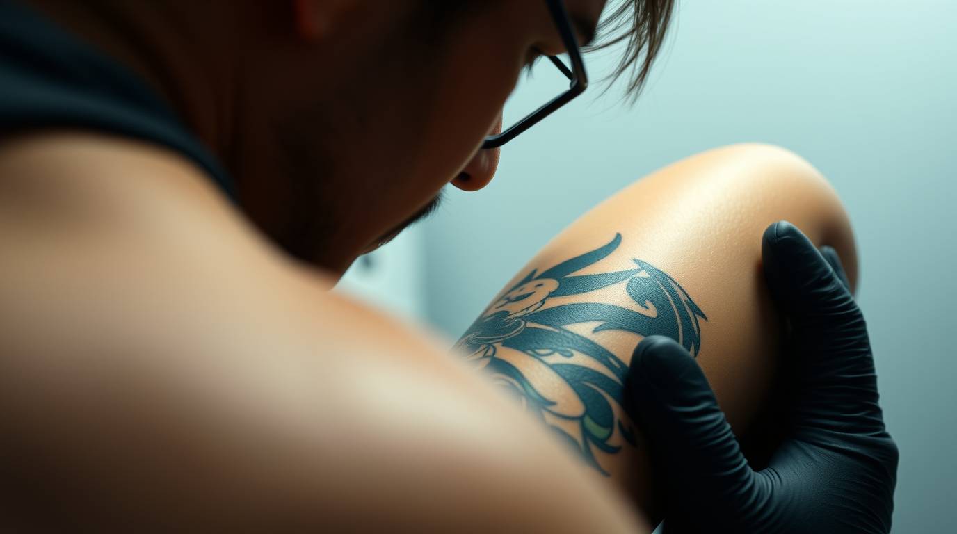 Anime style colorful tattoo being inked on upper arm in Mississauga studio