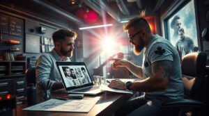 Client consulting with tattoo artist before booking a session.