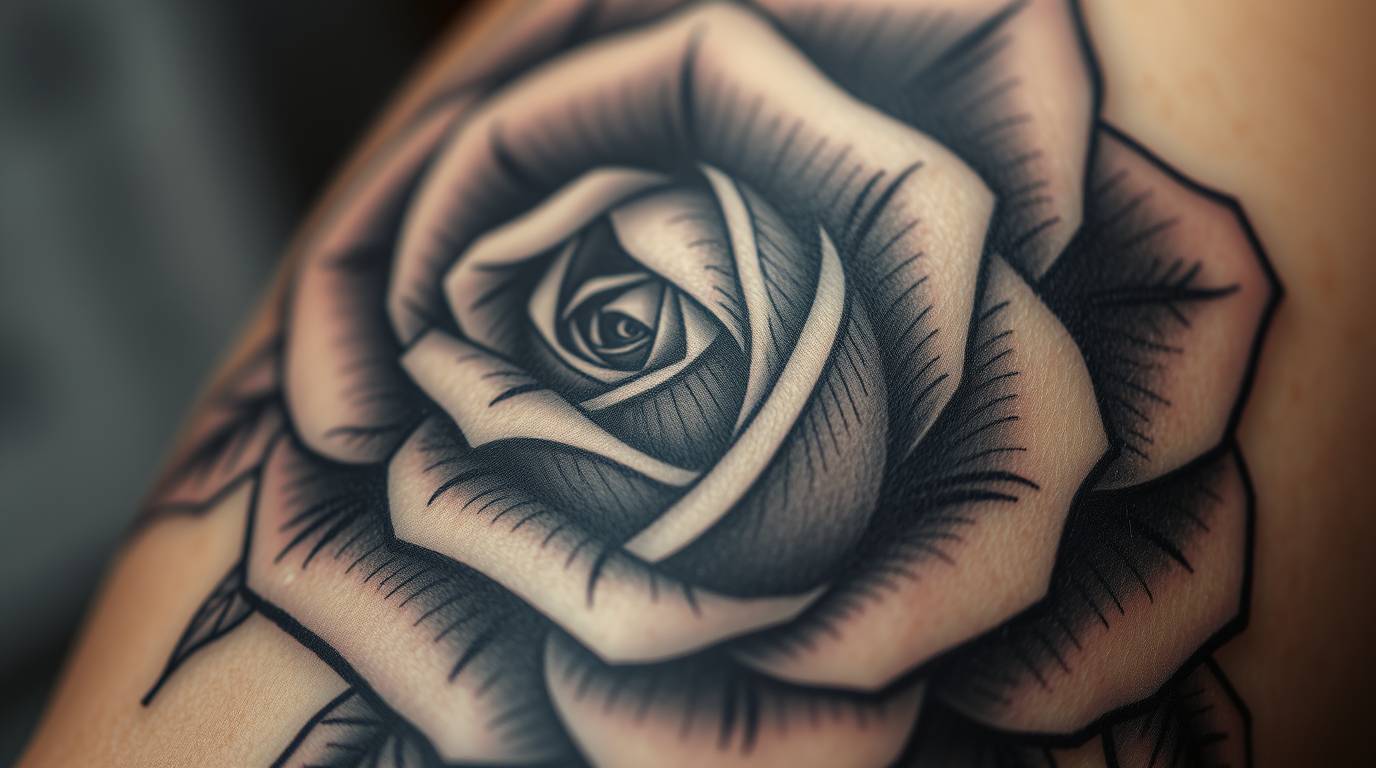 Close up of freshly inked black and grey rose realism tattoo on skin
