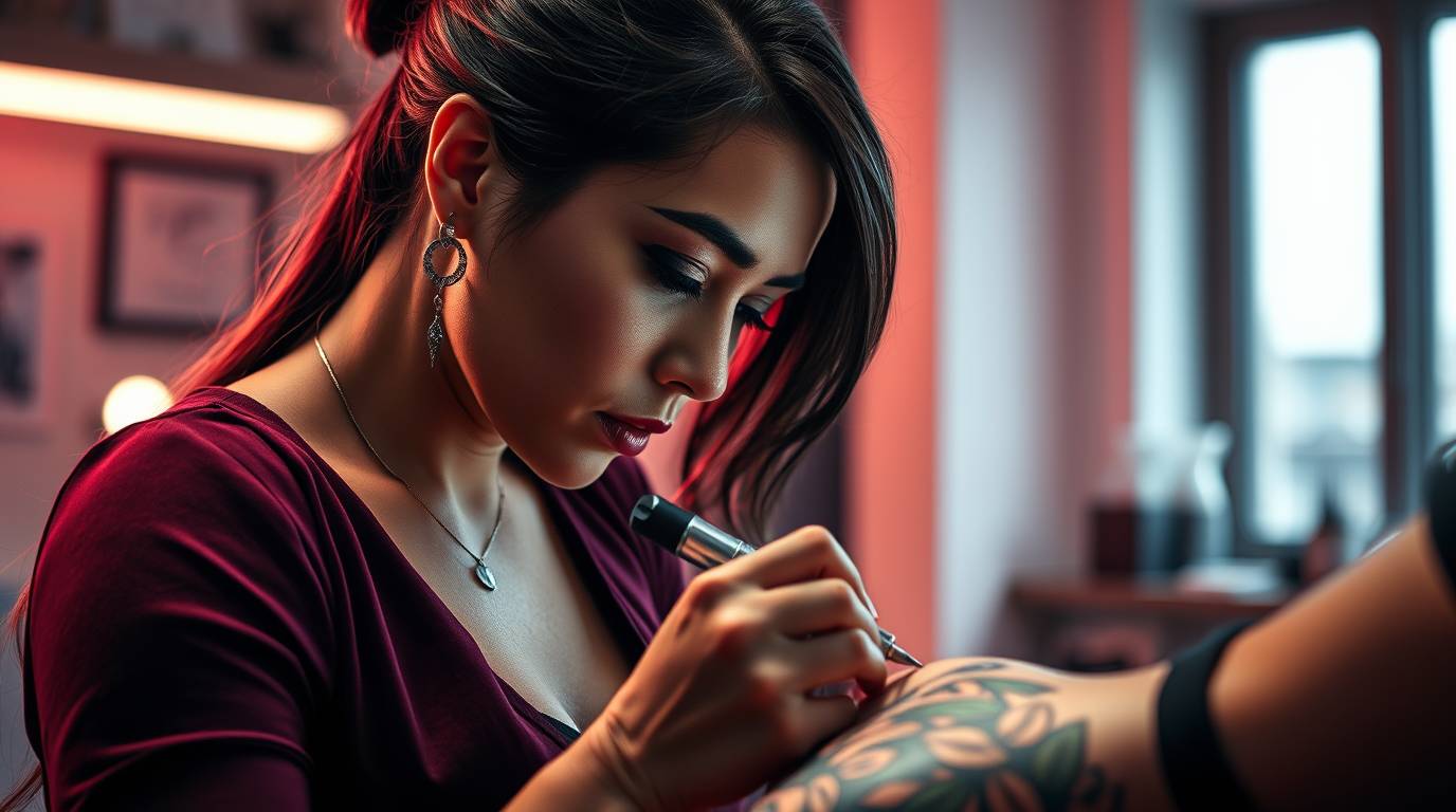 Female tattoo artist tattooing a client’s forearm in a clean Mississauga studio