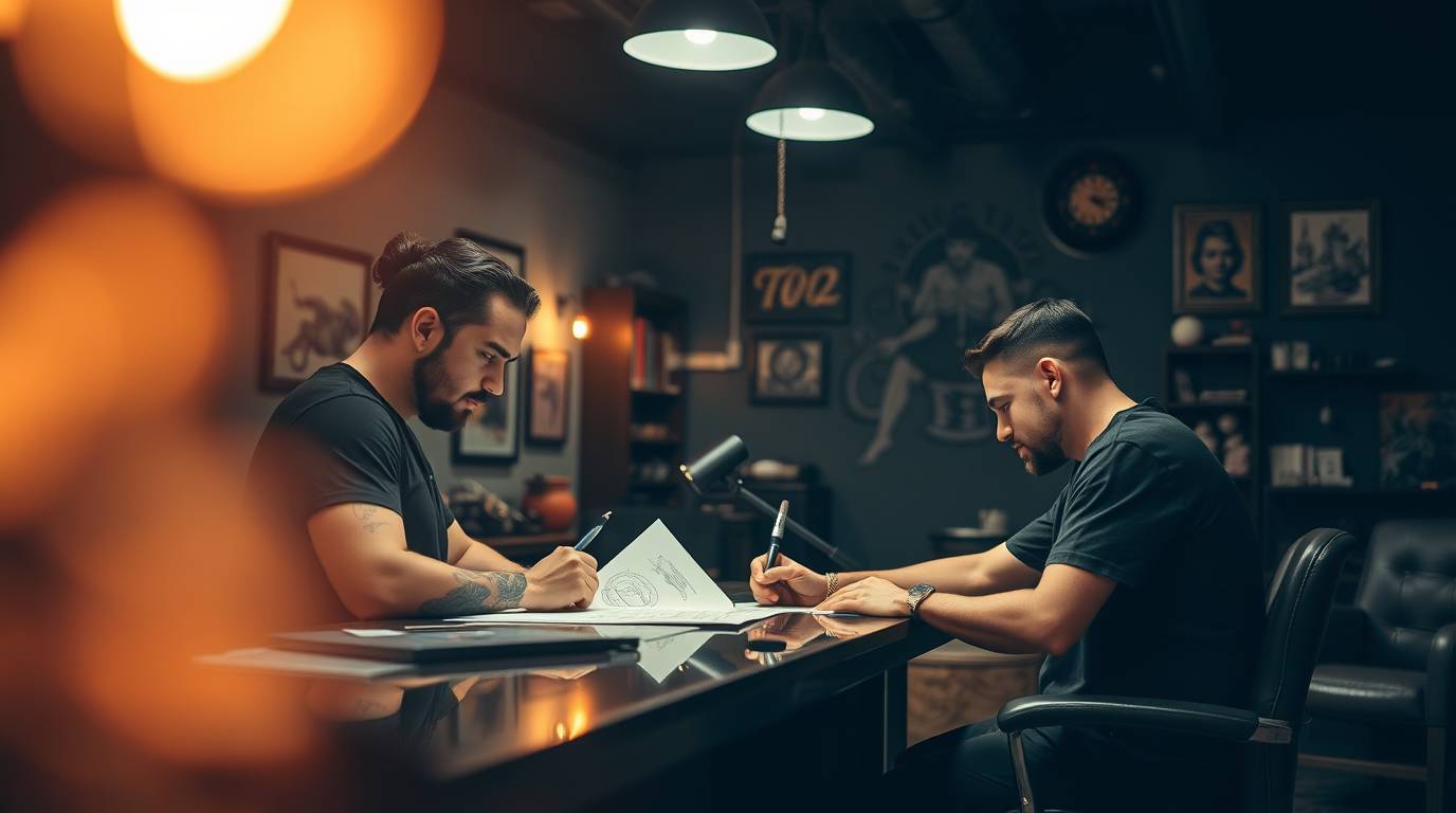 Tattoo artist and client discussing custom design sketches at Mississauga tattoo studio
