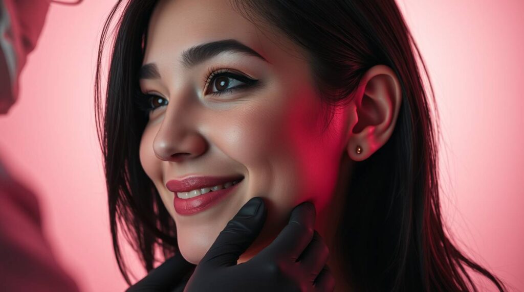 Professional ear piercer preparing to perform a needle-based ear piercing on a young woman in a clean Mississauga studio.