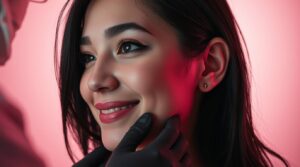 Professional ear piercer preparing to perform a needle-based ear piercing on a young woman in a clean Mississauga studio.