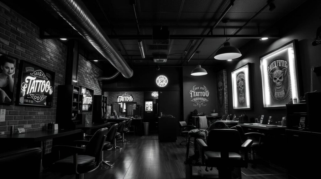 Modern tattoo studio interior in Mississauga with neon signs and professional tattoo chairs