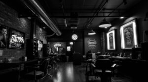 Modern tattoo studio interior in Mississauga with neon signs and professional tattoo chairs