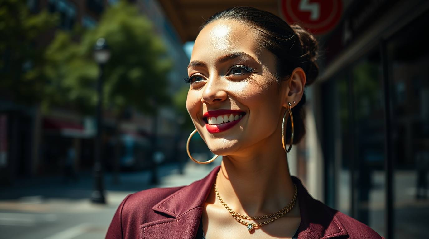 Woman with multiple helix piercings and gold hoops