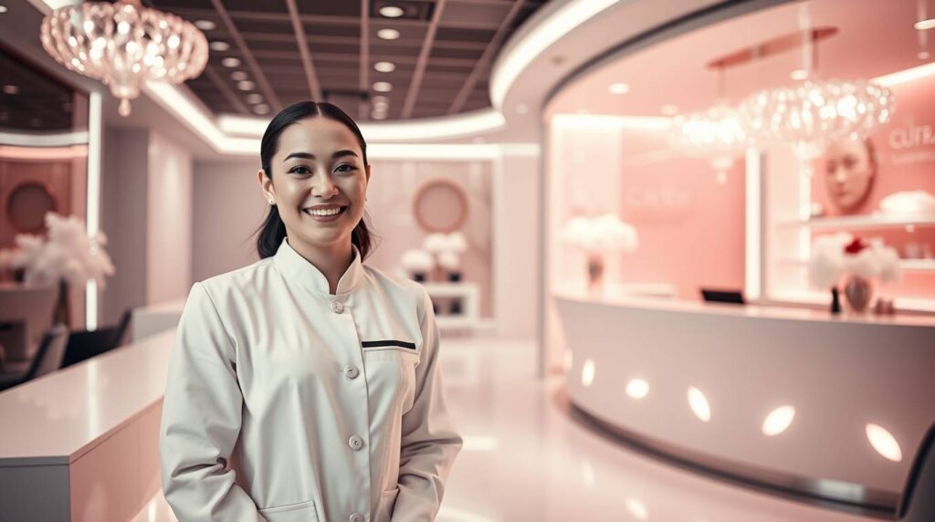Luxurious Canadian aesthetic clinic interior with receptionist and client consultation in a clean and modern setting.