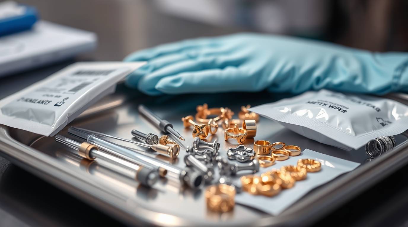Sterile piercing tools and implant-grade jewelry ready for use in piercing studio